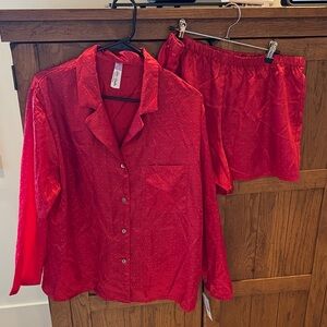 Luxurious Red Satin Pajama Set with Polka Dots